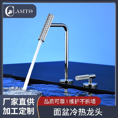 Minimally designed double hole basin faucet for both hot and cold use, washbasin and bathroom cabinet, splash proof faucet for hotel apartments